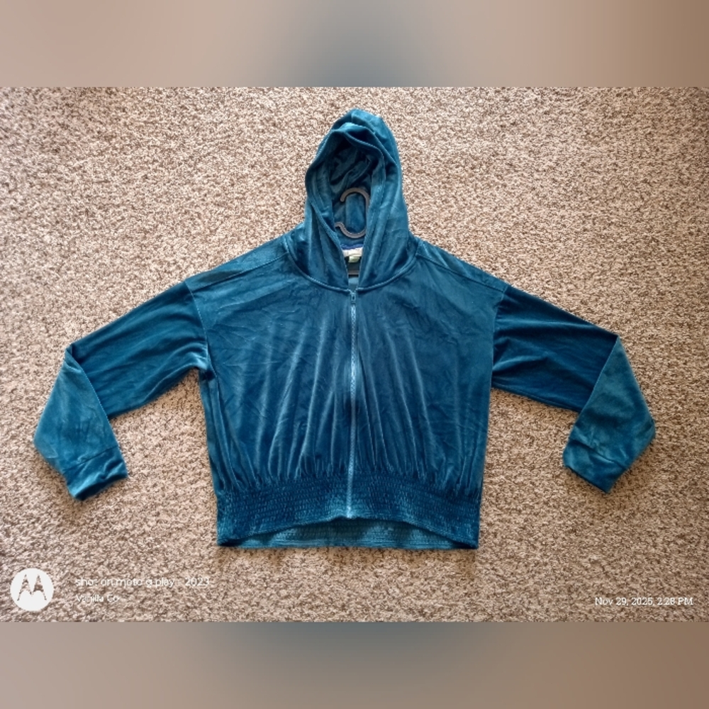 Anthropologie Women's Catie Cropped Velvet Zip-Up Hoodie Blue Size XL - Picture 2 of 9